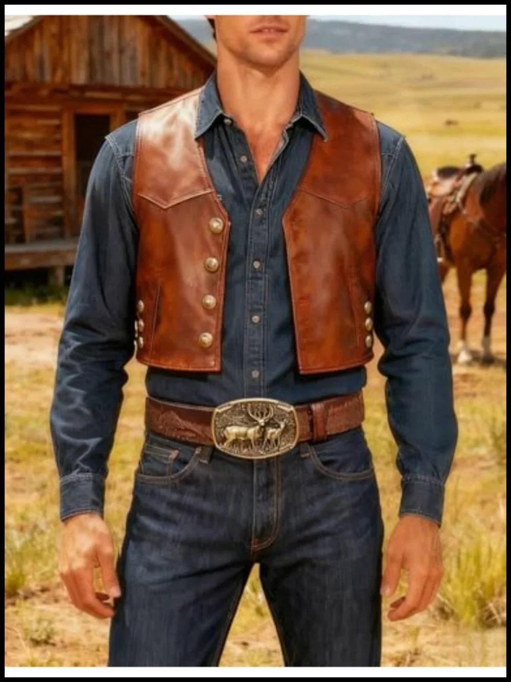 Western Belt for Men Women Cowboy Cowgirl Leather Belt with Deer Buckle for